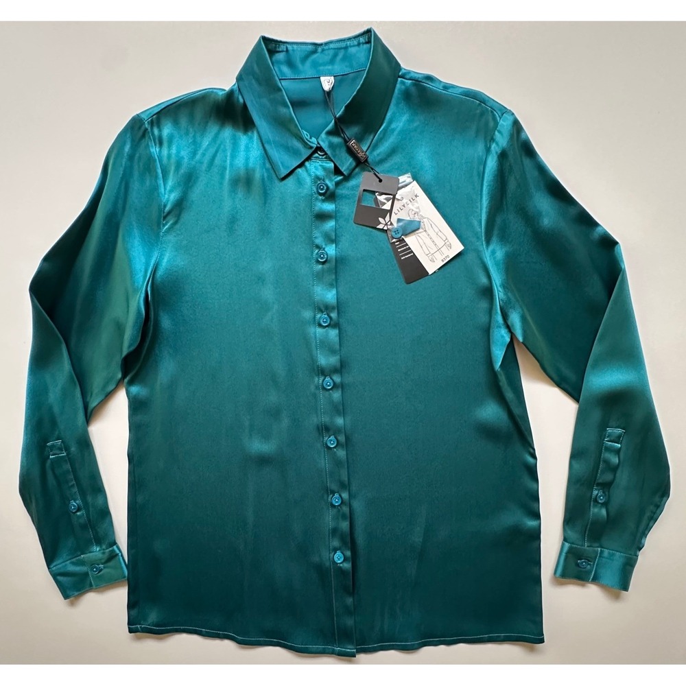 LilySilk Women 22 Momme Mulberry Silk Shirt Teal Green Button Up Blouse Size S